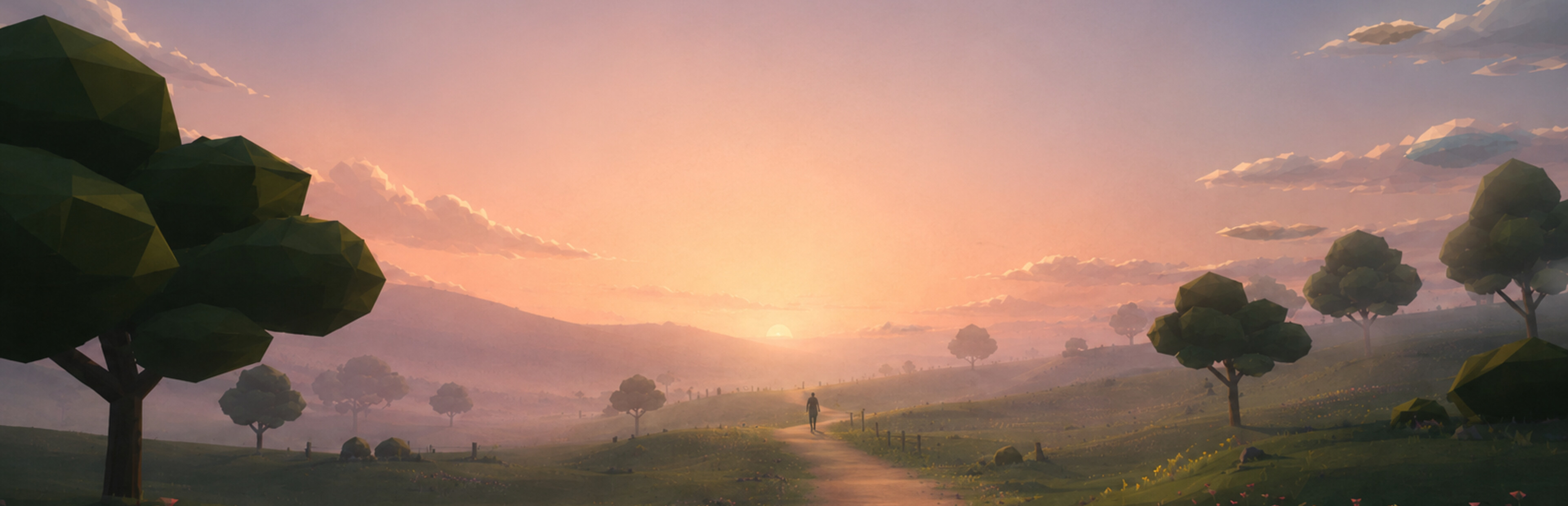 A walker on a chalk path through low-poly hills at sunset