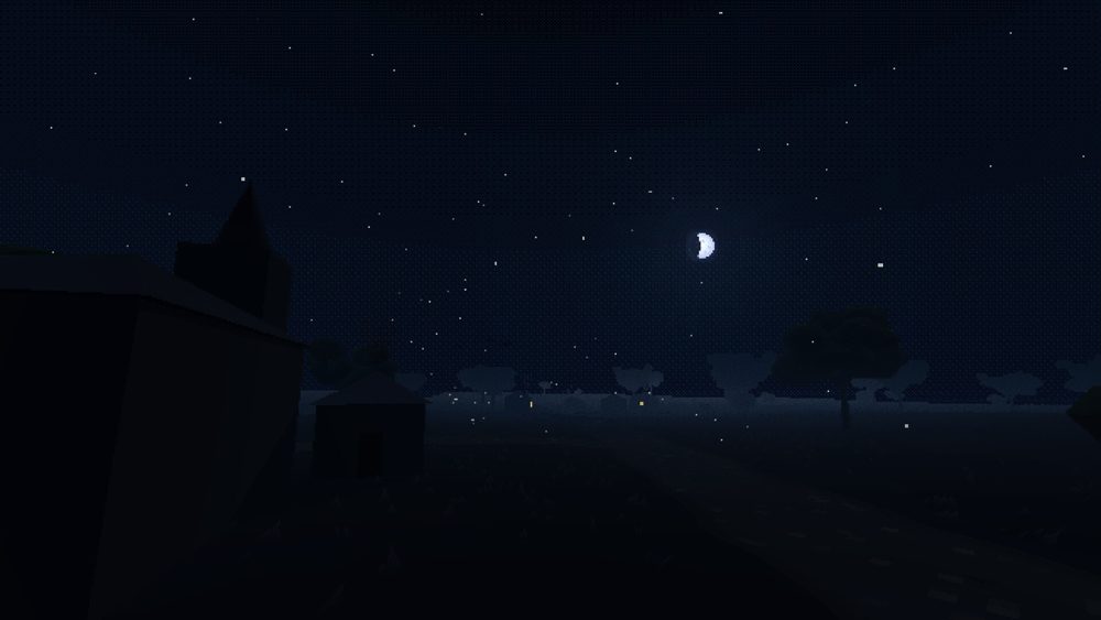 Village silhouettes under a crescent moon